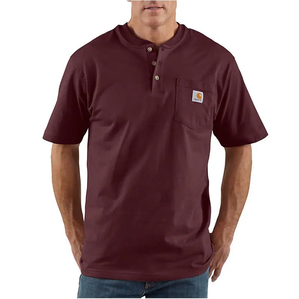 Sz L Men’s Carhartt Short-Sleeve Burgundy Henley Pocket Tee